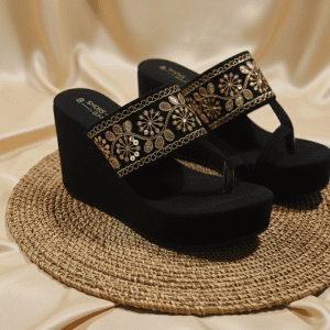 Elegant Floral Embroidered Black Wedges