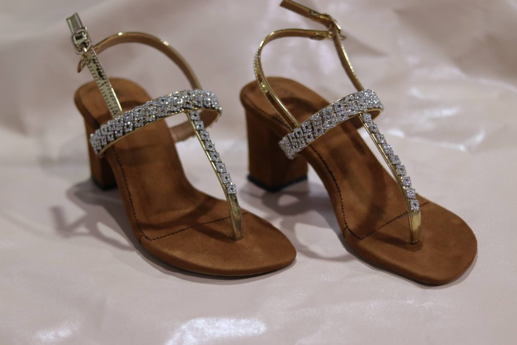 Glittering Gold T-Strap Block Heels